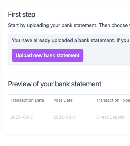 Upload your bank statement interface