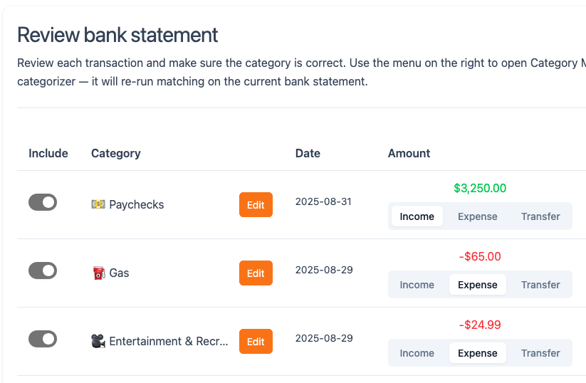 Categorize your transactions interface