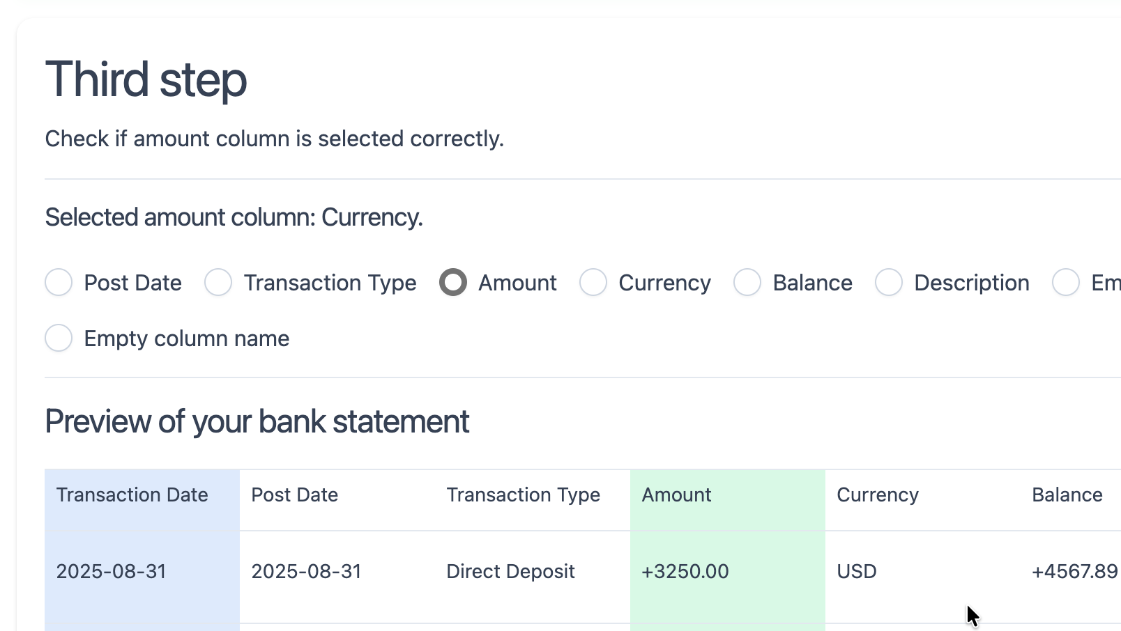 Amount column